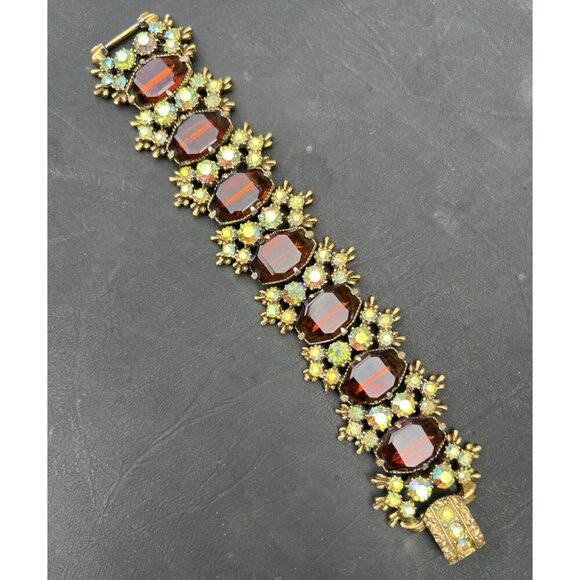 Amber Aurora Borealis Crystal Bracelet 7" Vintage Unsigned - Picture 2 of 7